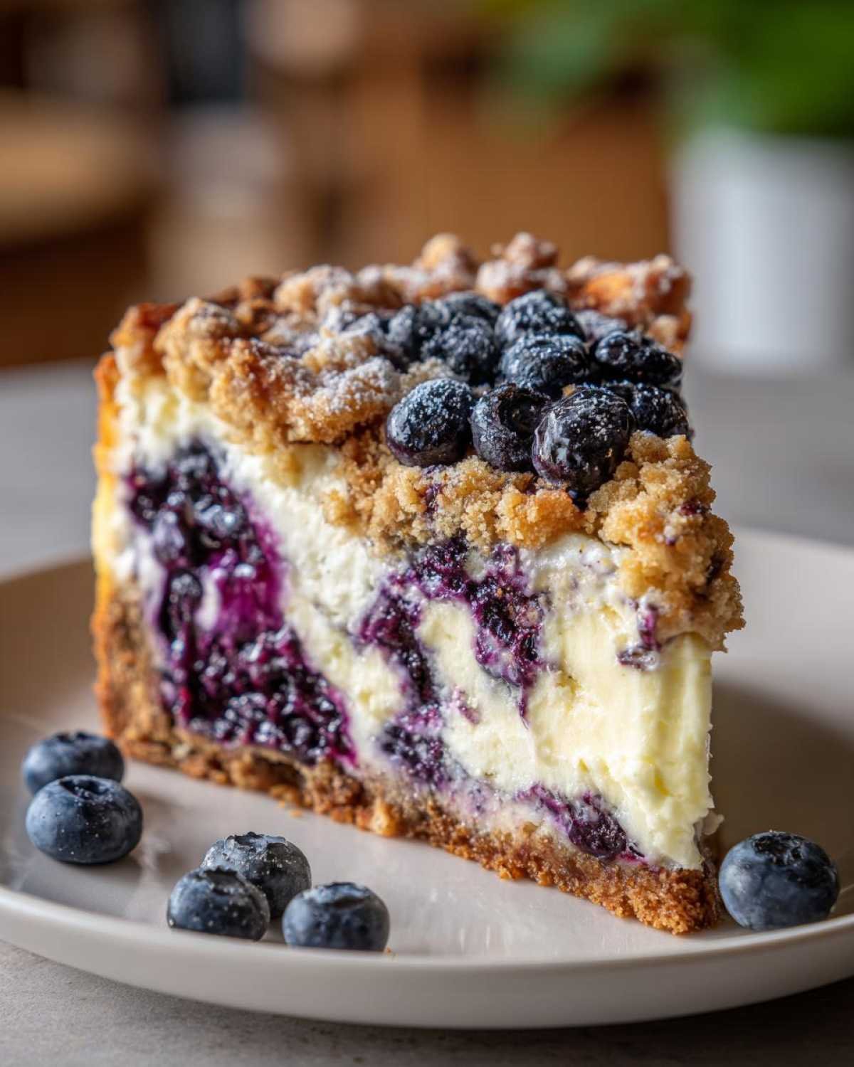Une tranche de Lemon Blueberry Crumble Cheesecake crémeux avec des myrtilles et une garniture croustillante.