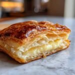 Gros plan d'une merveille au cream cheese keto danois feuilletée et dorée, garnie de crème.