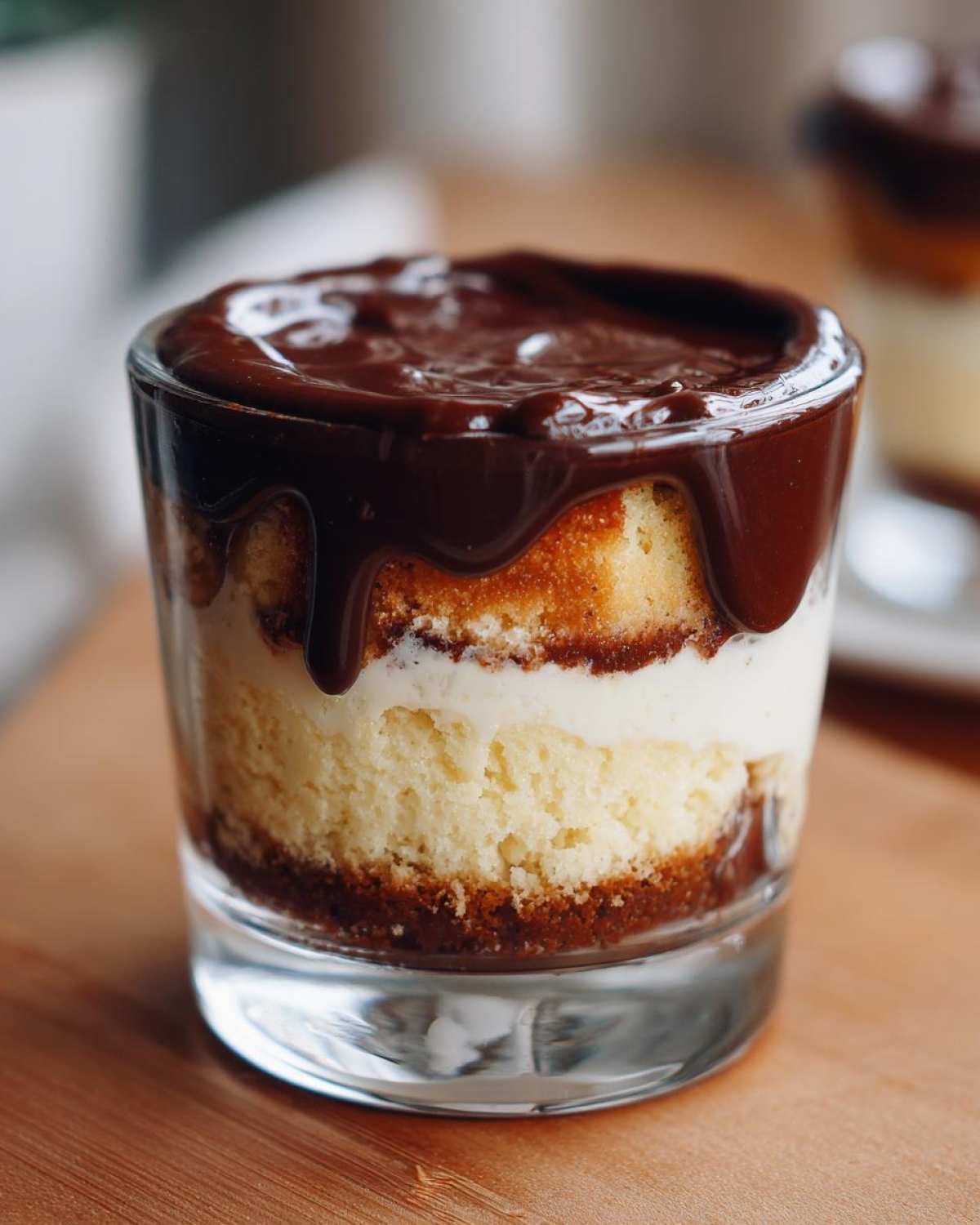 Gros plan d'un Mini Boston Cream Pie en verre, avec couches de gâteau, crème et glaçage au chocolat.
