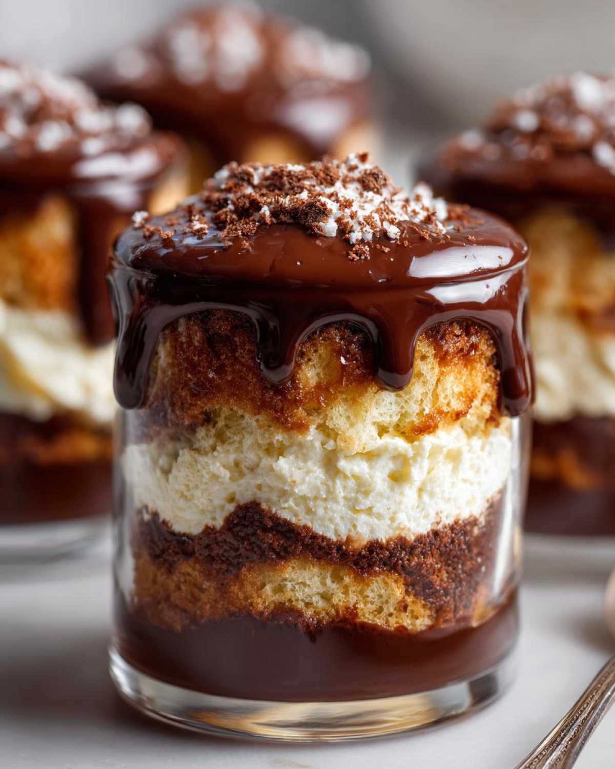Gros plan d'un mini Boston Cream Pie en verre, avec couches de gâteau, crème et glaçage au chocolat.