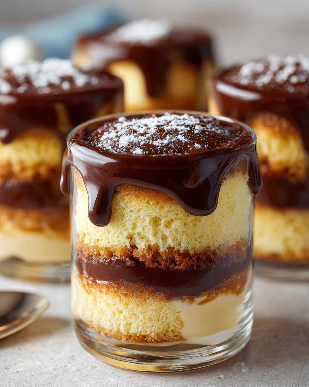 Gros plan sur un mini Boston Cream Pie en verre, garni de chocolat et de sucre glace.