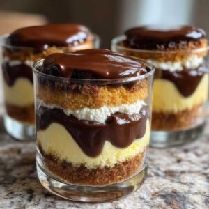 Gros plan de Mini Boston Cream Pie en verres, alternant gâteau, crème et sauce au chocolat.
