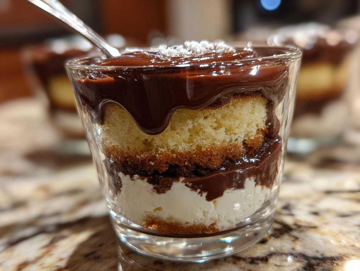 Gros plan d'un Mini Boston Cream Pie en verre, avec couches de gâteau, crème et glaçage au chocolat.