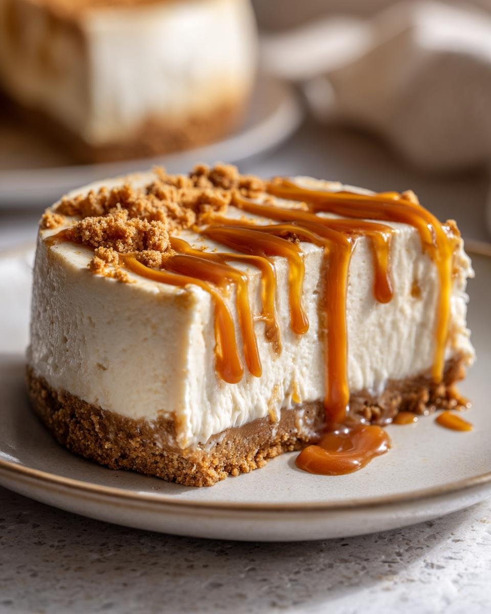 Gros plan d'une tranche de mini cheesecake Biscoff sans cuisson, garnie de caramel coulant et de miettes de biscuit.