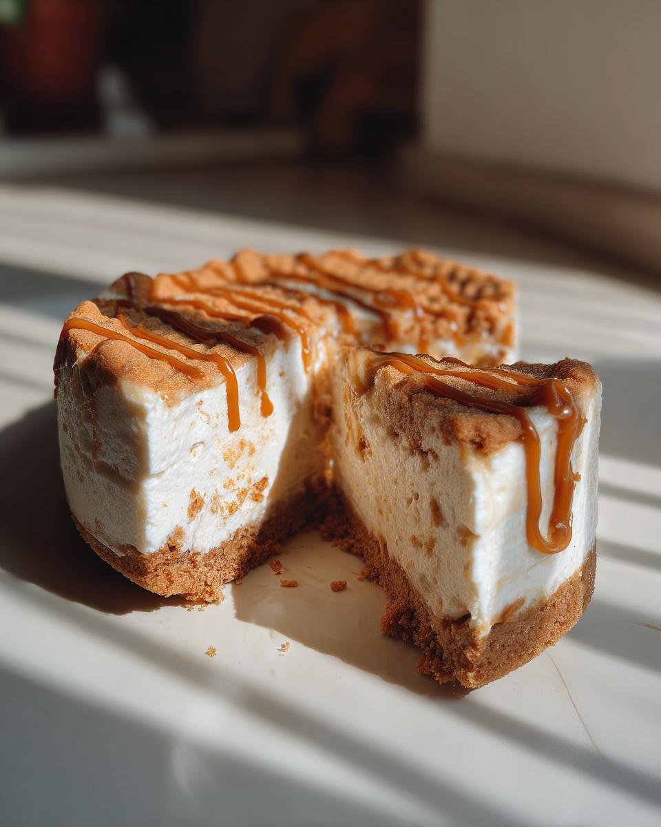 Gros plan d'un mini cheesecake Biscoff sans cuisson coupé, avec un coulis de caramel et des miettes de Biscoff.