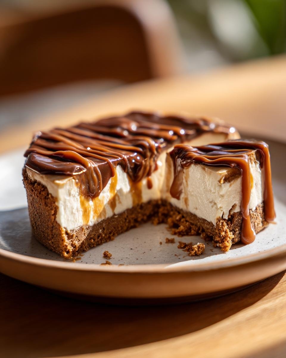 Gros plan d'un mini cheesecake Biscoff sans cuisson coupé, garni de sauce chocolat et au caramel.