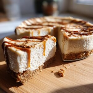 Gros plan sur une part de Mini Cheesecake Biscoff Sans Cuisson, nappé de caramel et de miettes de biscuit.