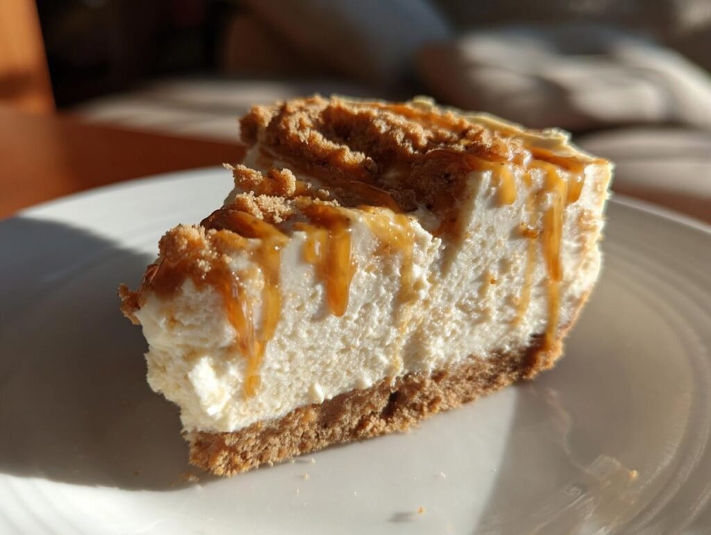 Gros plan d'une tranche de Mini Cheesecake Biscoff Sans Cuisson, garnie de sauce caramel et de miettes de biscuit.
