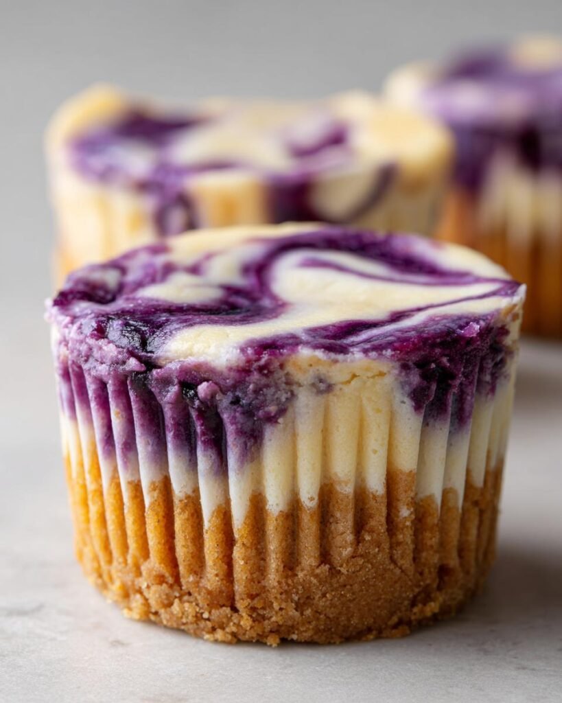 Gros plan sur un mini cheesecake myrtille citron avec un tourbillon de myrtilles et une croûte biscuitée.