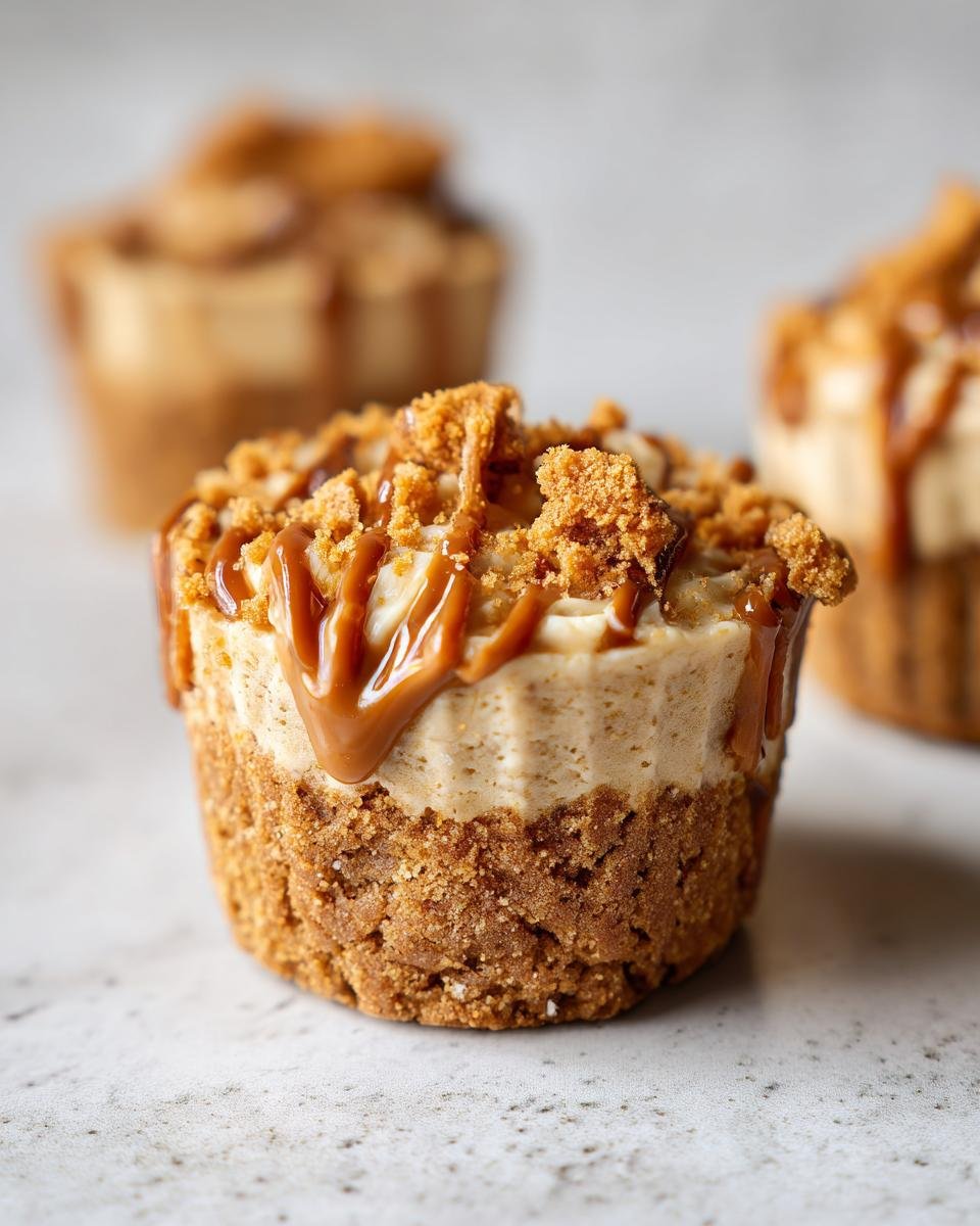 Gros plan d'un mini cheesecake Biscoff sans cuisson garni de miettes de Biscoff et de sauce caramel.