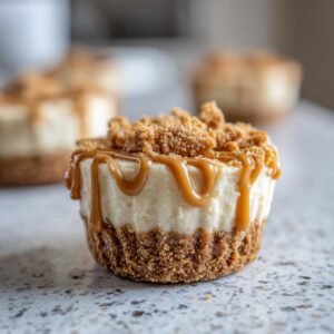 Gros plan sur un mini cheesecake Biscoff sans cuisson garni de miettes et de caramel coulant.