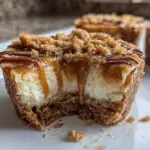 Gros plan d'un mini cheesecake Biscoff sans cuisson, garni de miettes et de sauce caramel.
