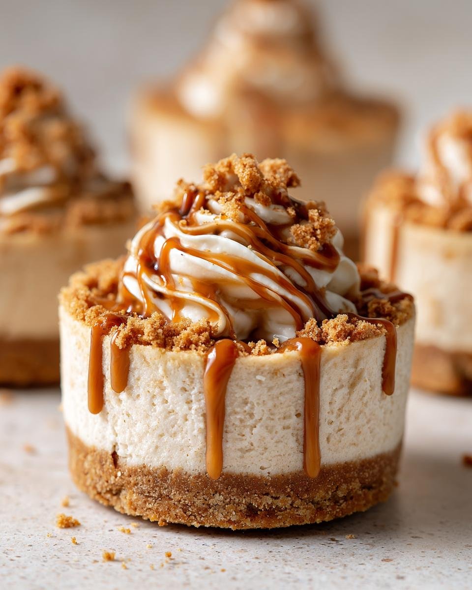Gros plan d'un mini cheesecake Biscoff sans cuisson garni de crème fouettée, de miettes de Biscoff et de coulis de caramel.