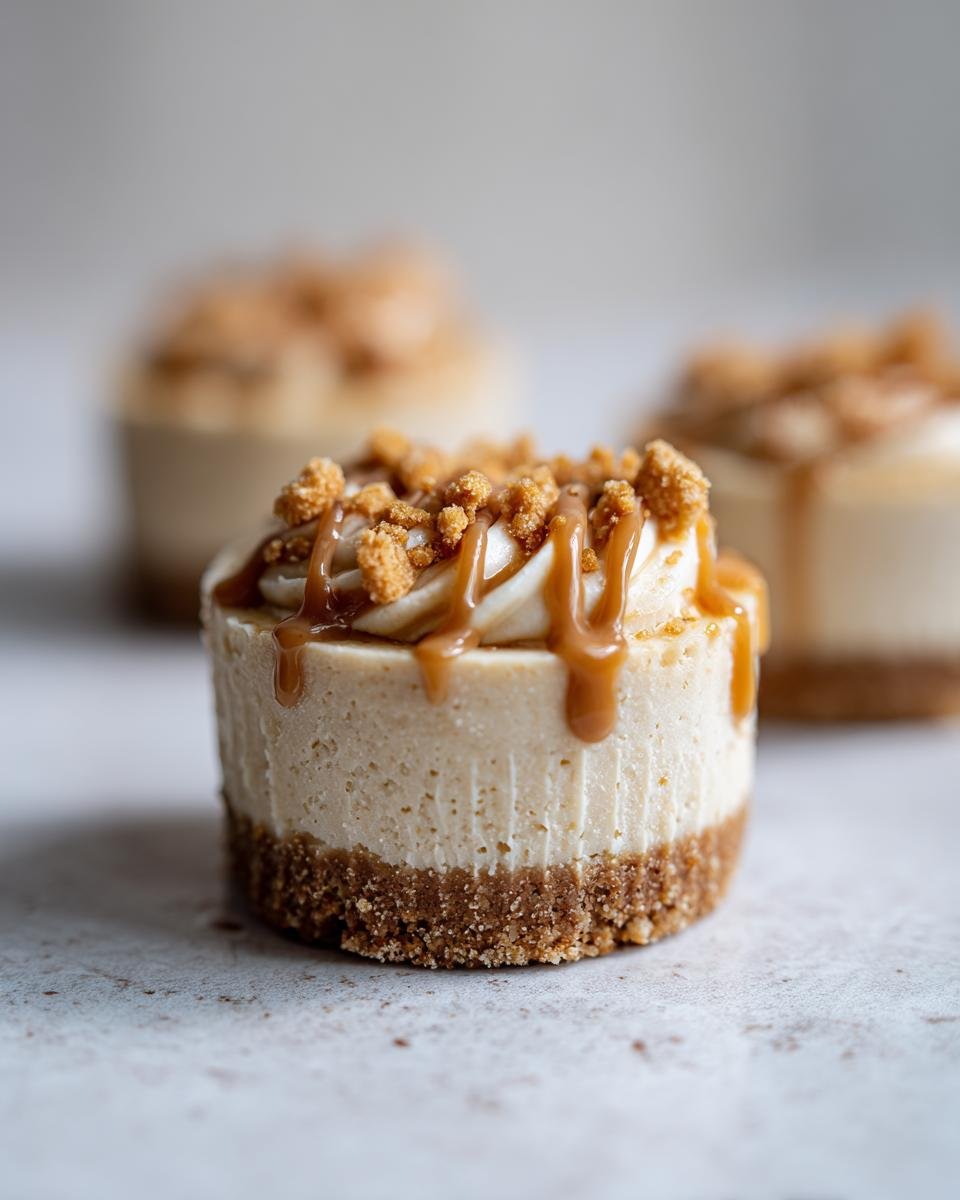 Gros plan sur un mini cheesecake Biscoff sans cuisson, garni de sauce caramel et de miettes de biscuit.