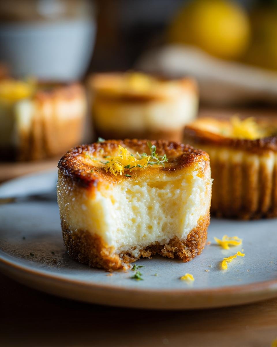 Gros plan sur un mini cheesecake au citron avec une bouchée enlevée, garni de zeste de citron.