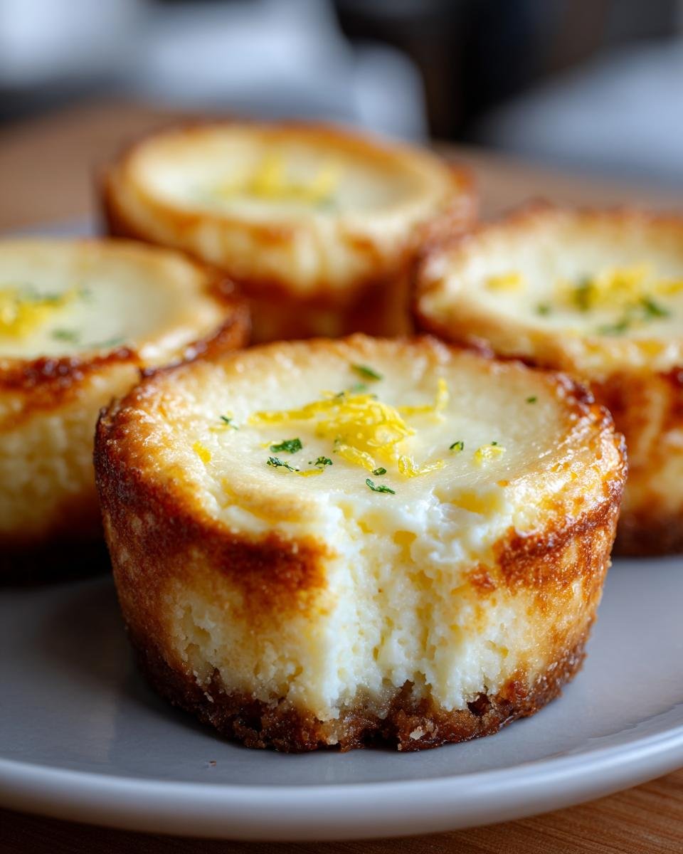 Gros plan de mini cheesecakes au citron avec une bouchée, garniture au zeste et persil.