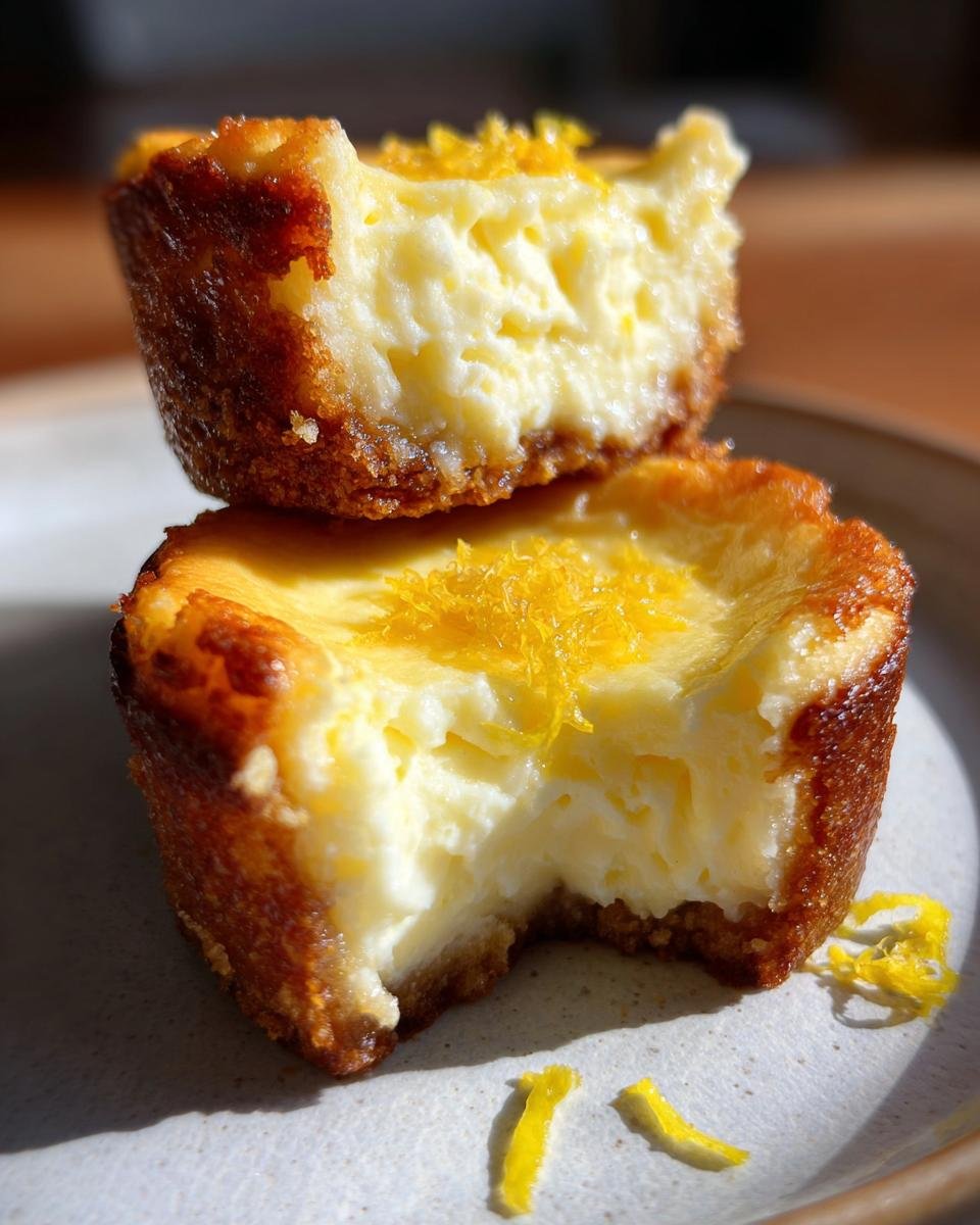 Gros plan de deux mini cheesecakes au citron empilés, garnis de zeste de citron frais.