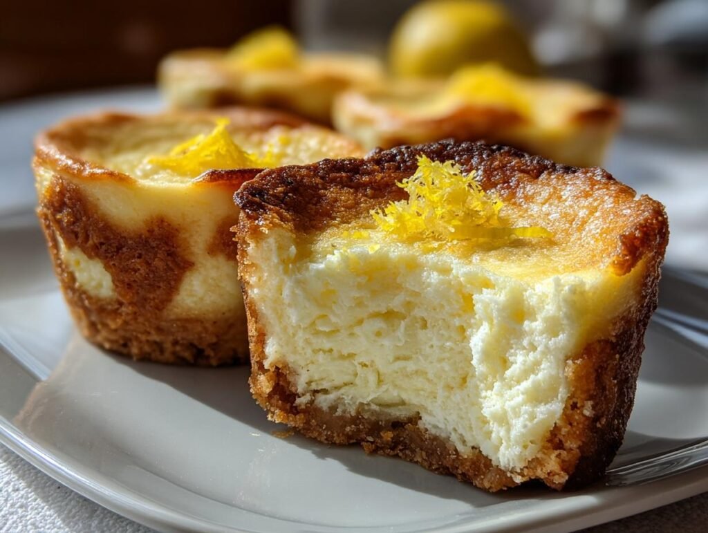 Gros plan d'un mini cheesecake au citron avec une bouchée retirée, garni de zeste de citron.