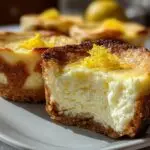 Gros plan d'un mini cheesecake au citron avec une bouchée retirée, garni de zeste de citron.