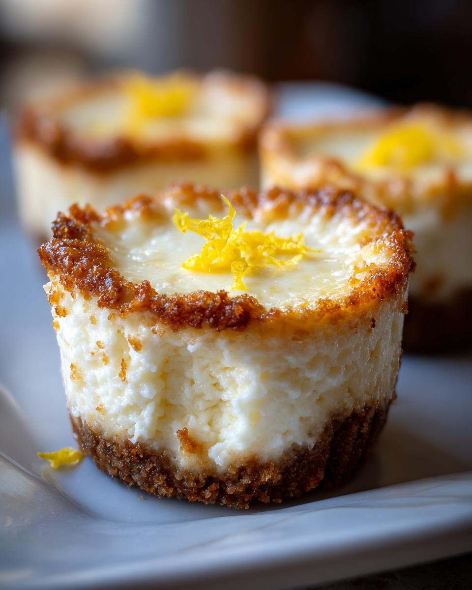Gros plan sur un mini cheesecake au citron avec une garniture de zeste de citron frais et une croûte dorée.