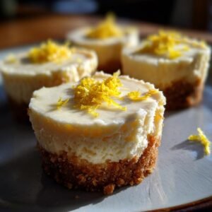Gros plan sur des mini cheesecakes au citron, garnis de zeste de citron frais sur une base croustillante.