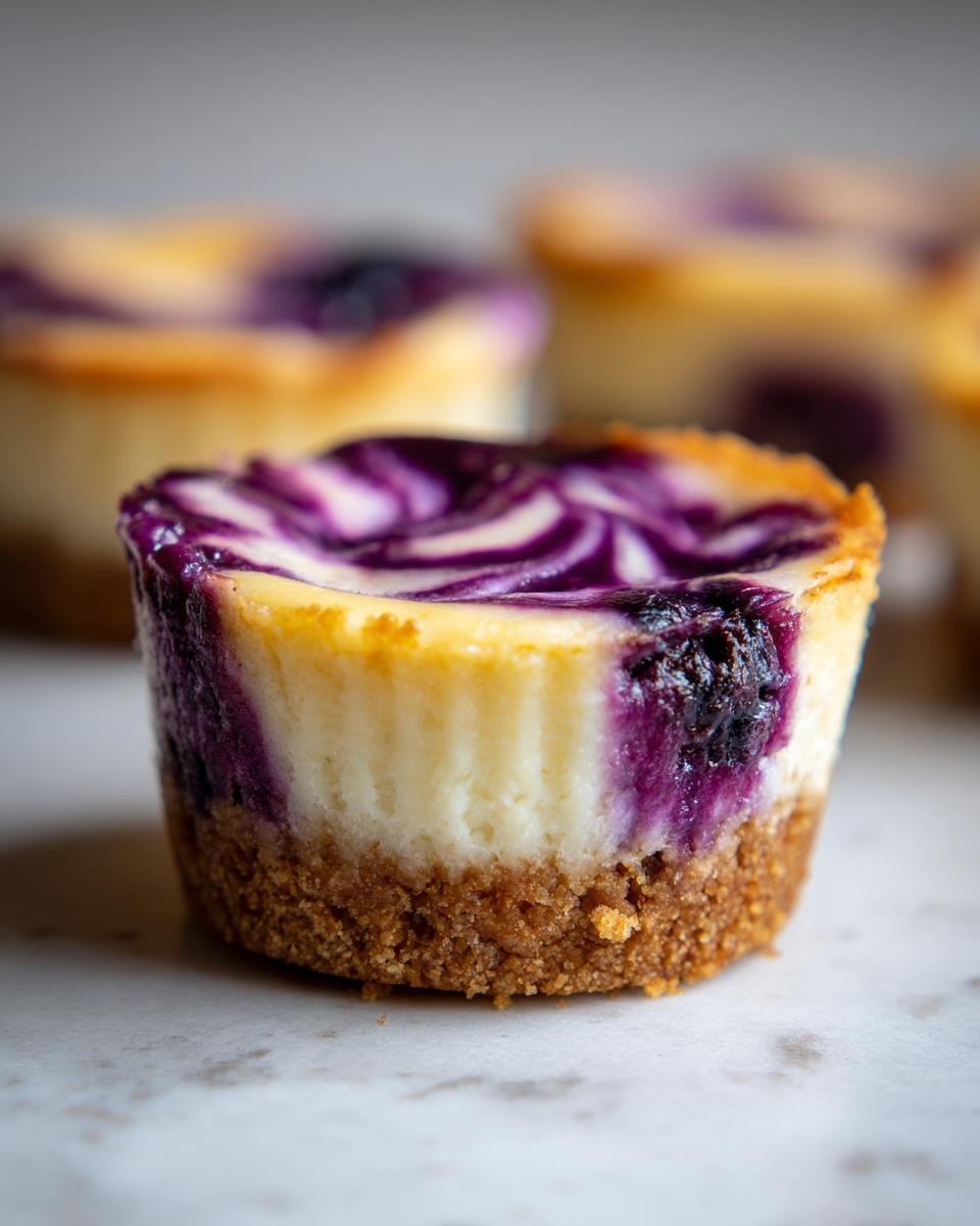 Gros plan d'un mini cheesecake myrtille citron avec un tourbillon de myrtilles et une base biscuitée.