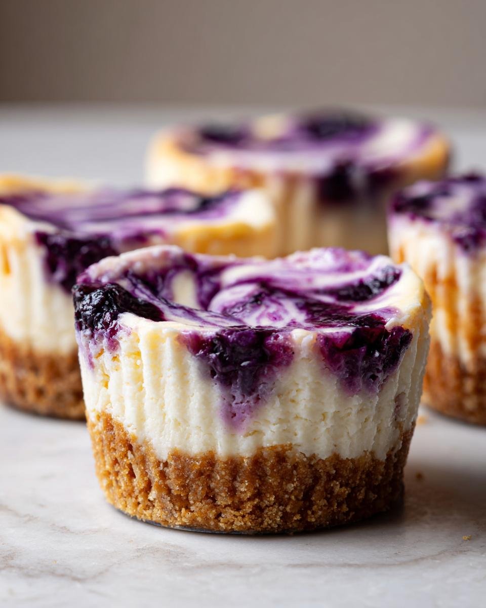 Gros plan sur un mini cheesecake myrtille citron avec un tourbillon de myrtilles sur le dessus et une croûte croustillante.