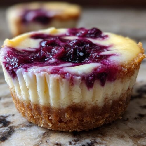 Gros plan d'un mini cheesecake myrtille citron avec une garniture de myrtilles et un tourbillon de citron.