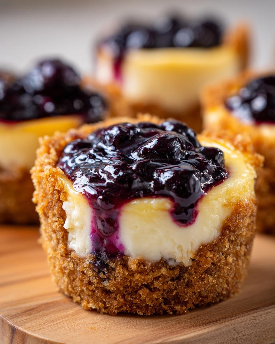 Gros plan sur un mini cheesecake aux myrtilles et au citron, garni de coulis de myrtilles.