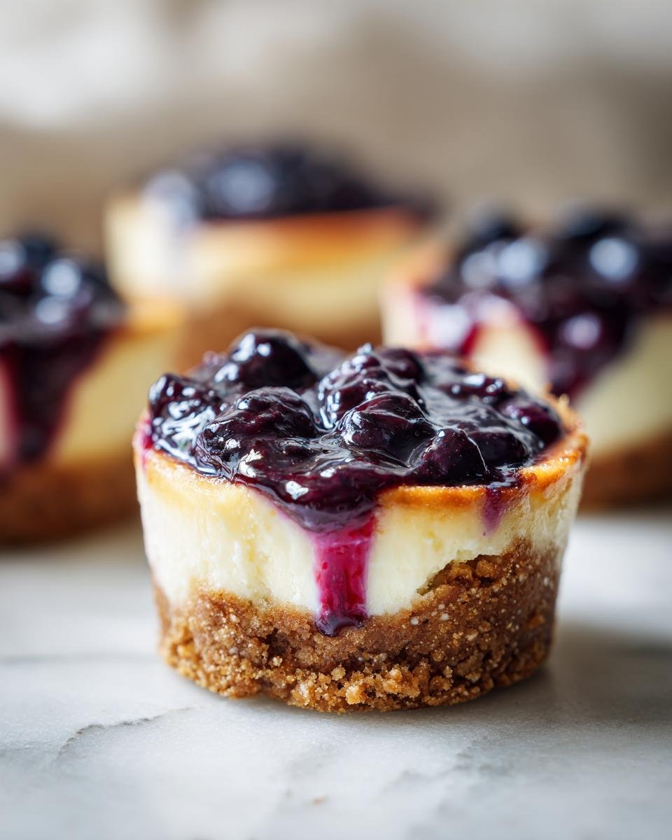 Gros plan d'un mini cheesecake aux myrtilles et citron, garni de coulis de myrtilles.