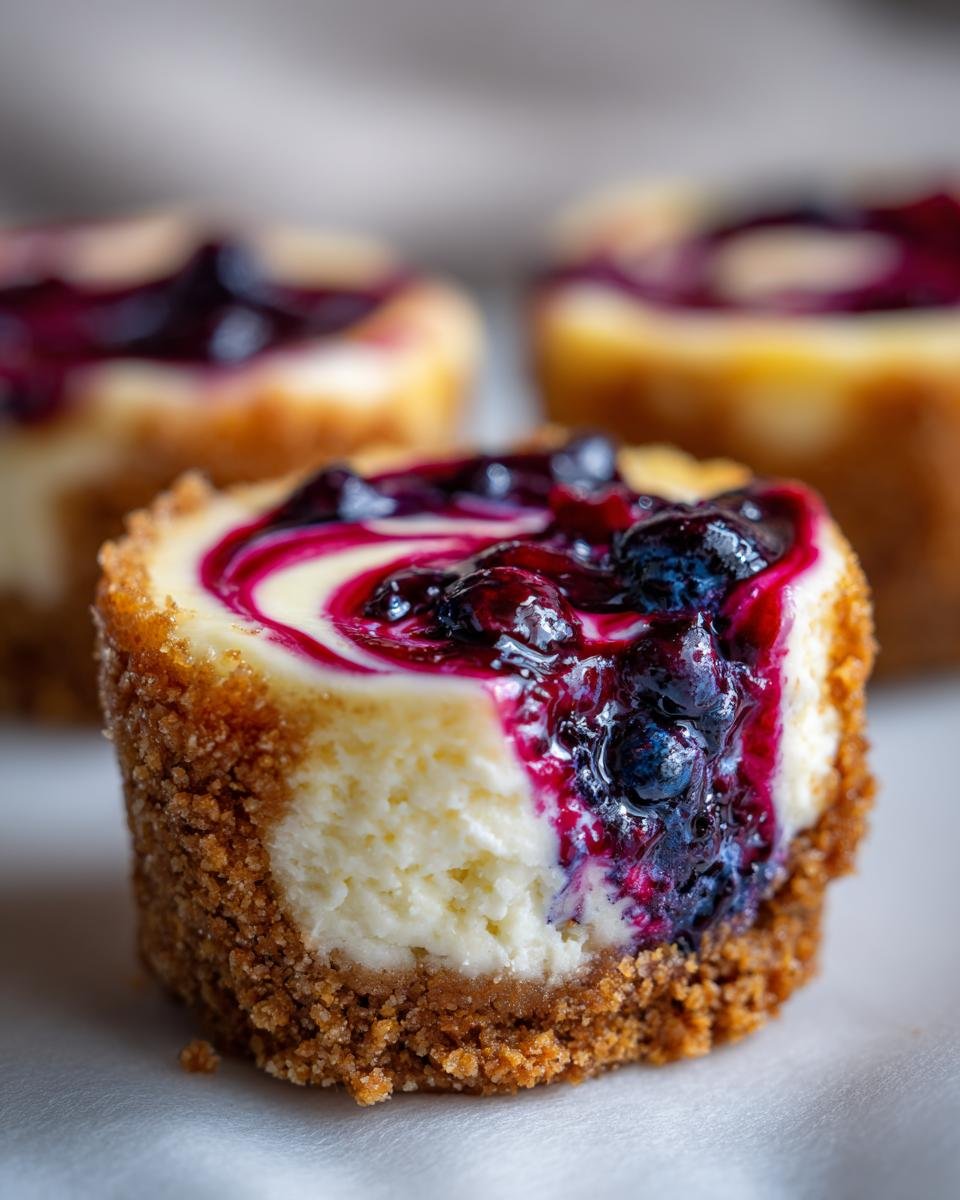 Gros plan d'un mini cheesecake aux myrtilles et citron, garni de coulis de myrtilles.