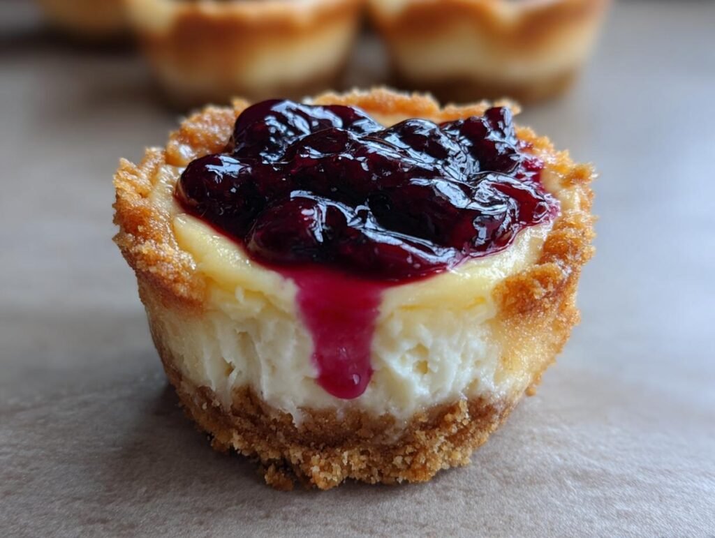 Gros plan d'un mini cheesecake aux myrtilles et citron, garni de myrtilles et d'un coulis.