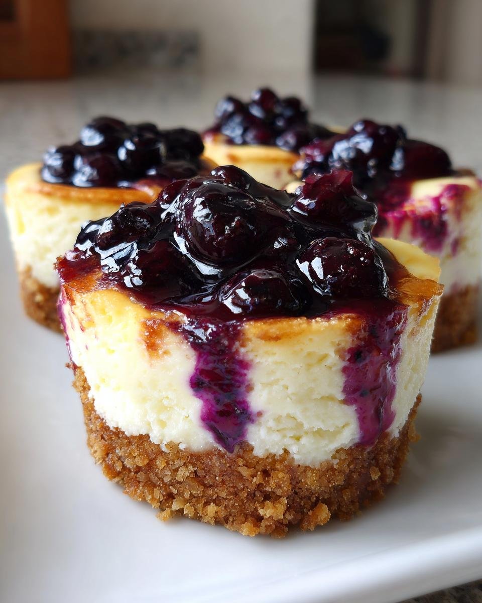Gros plan de mini cheesecakes aux myrtilles et citron, garnis d'une compotée de myrtilles.