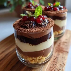 Gros plan sur des mini desserts en verres individuels, alternant couches de chocolat, crème et biscuit, décorés de fruits rouges et menthe.