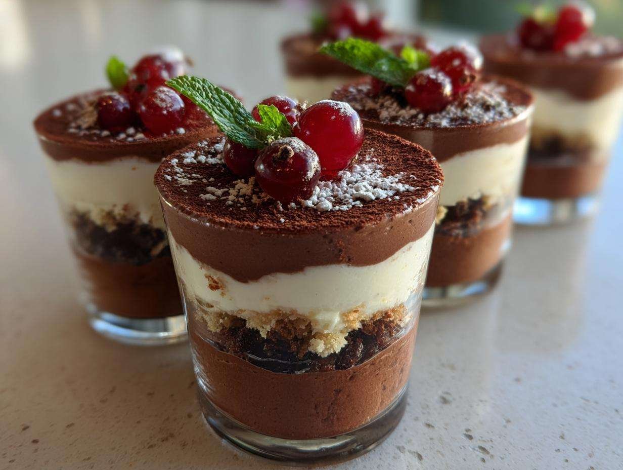 Gros plan sur des mini desserts en verres individuels, couches de mousse au chocolat, crème et biscuits, garnis de fruits rouges et menthe.