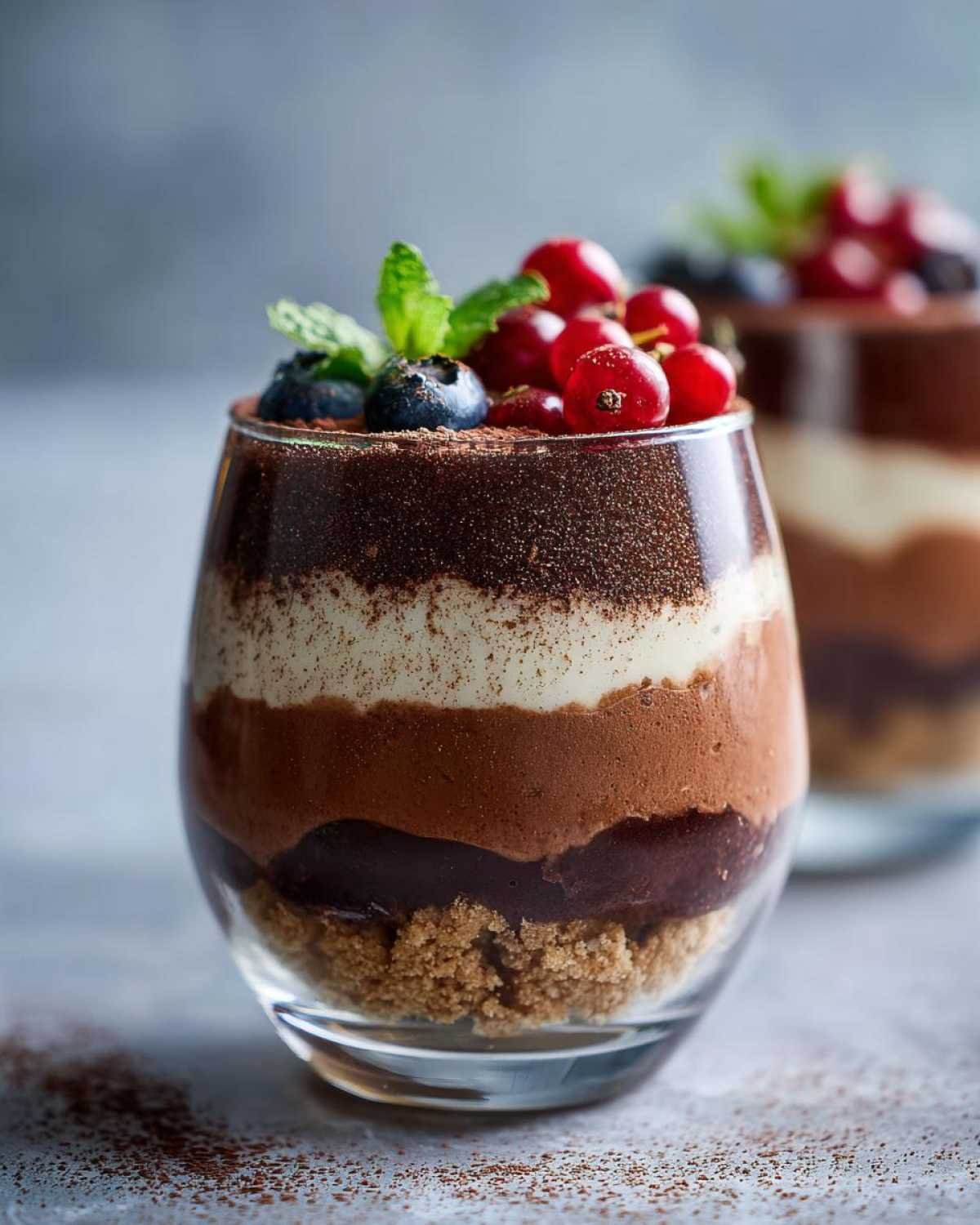 Gros plan sur des mini desserts en verres individuels à base de chocolat et de fruits rouges, garni de myrtilles et groseilles.