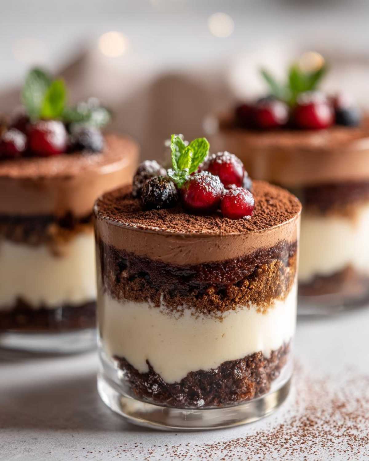 Gros plan sur un mini dessert en verre avec couches de chocolat, crème et fruits rouges, garni de menthe.