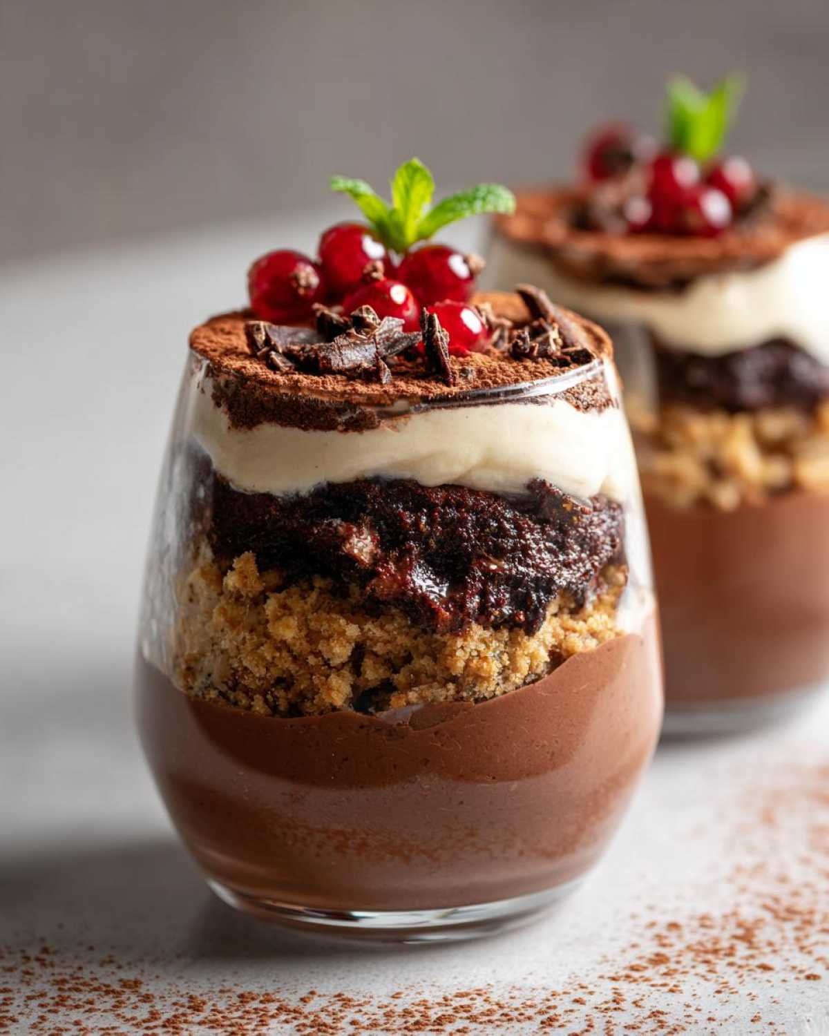 Gros plan de mini desserts en verres individuels au chocolat, garnis de fruits rouges et de menthe.