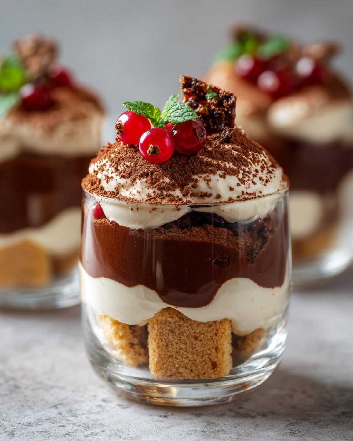 Gros plan d'un mini dessert en verre avec des couches de biscuits, crème, mousse au chocolat, garni de fruits rouges et de menthe.