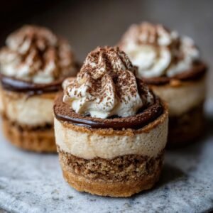 Gros plan sur des Mini Verrines Cannoli individuelles garnies de crème fouettée et de cacao.