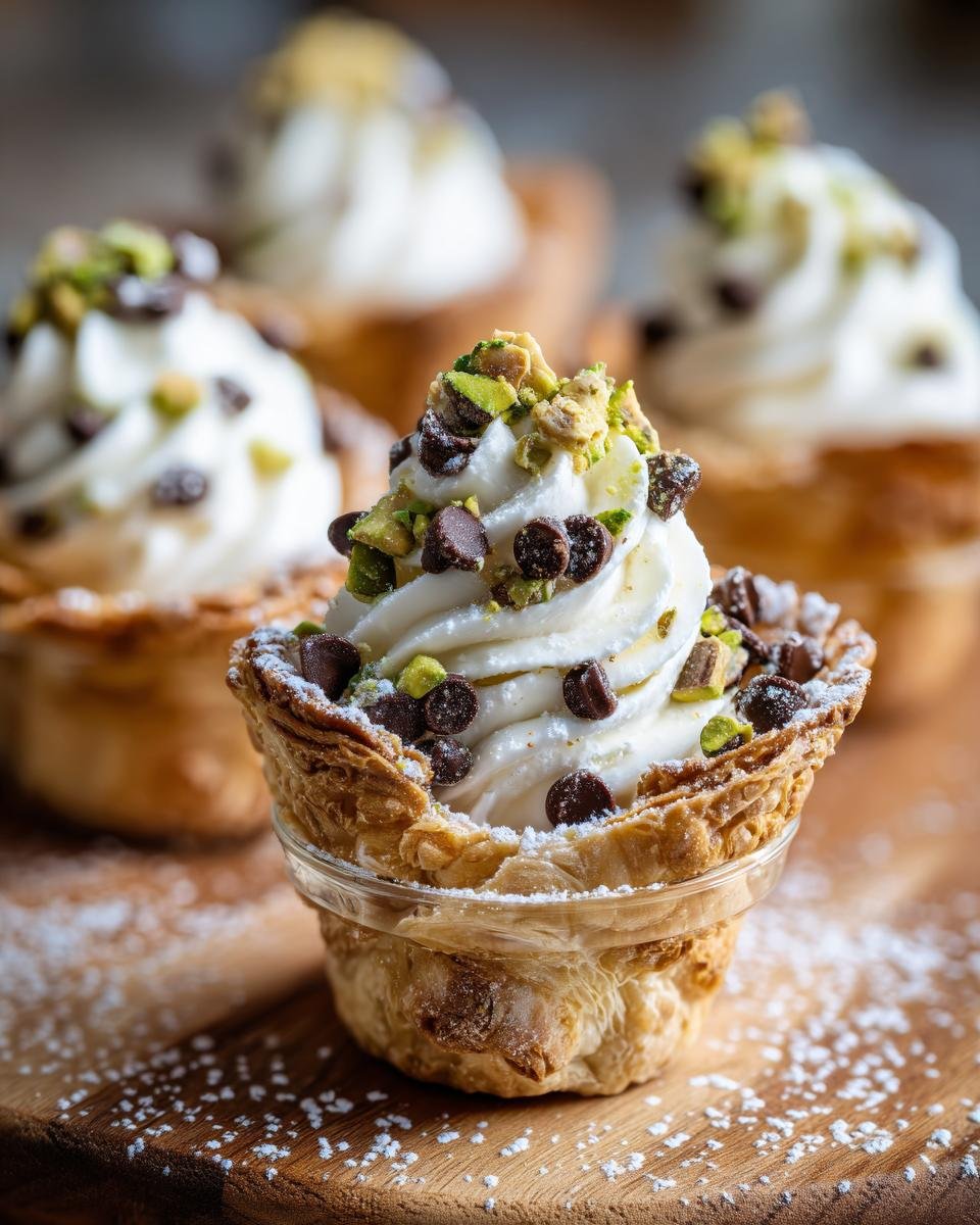 Gros plan de Mini Verrines Cannoli garnies de crème fouettée, pépites de chocolat et pistaches concassées.