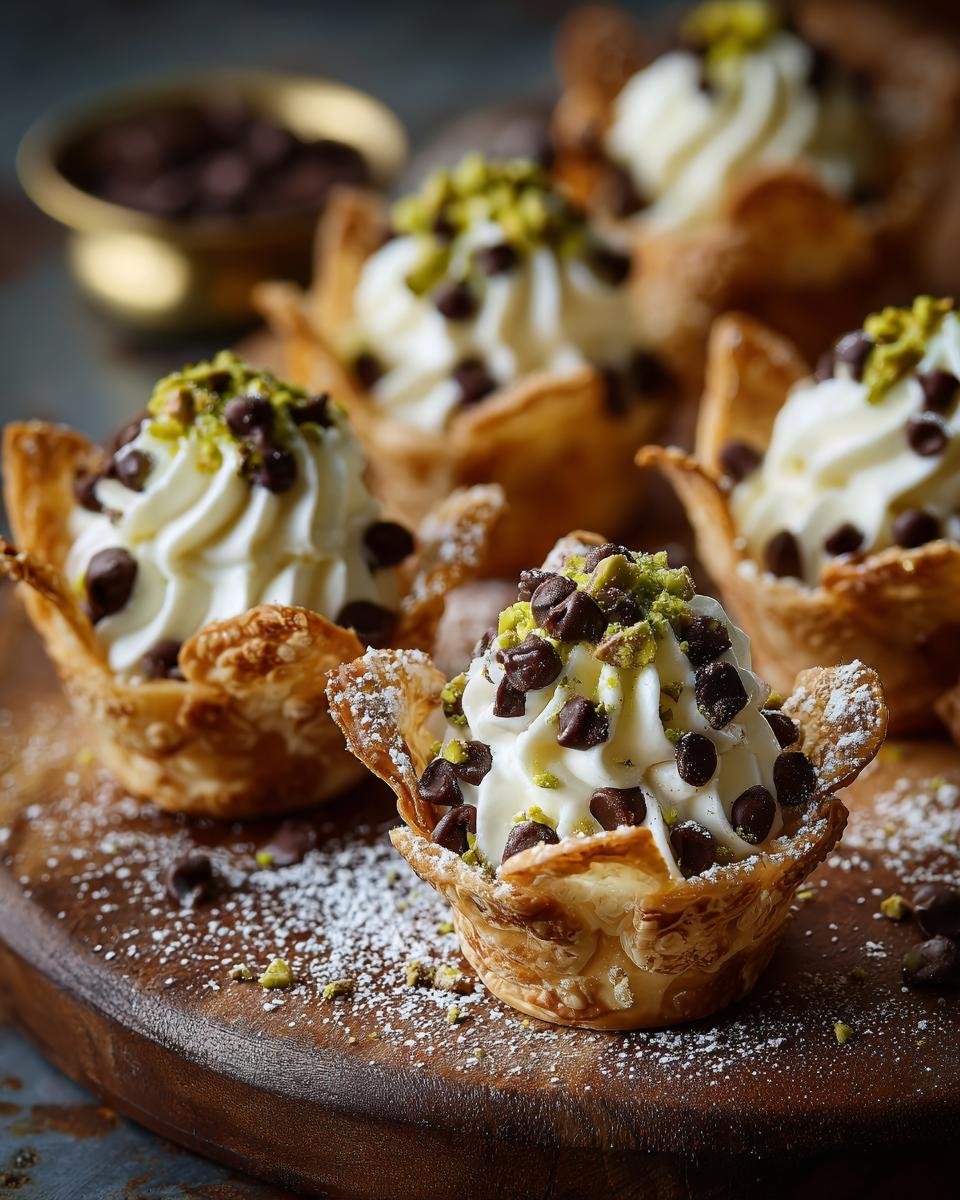 Gros plan sur des mini verrines cannoli crémeuses, garnies de pépites de chocolat et de pistaches concassées.