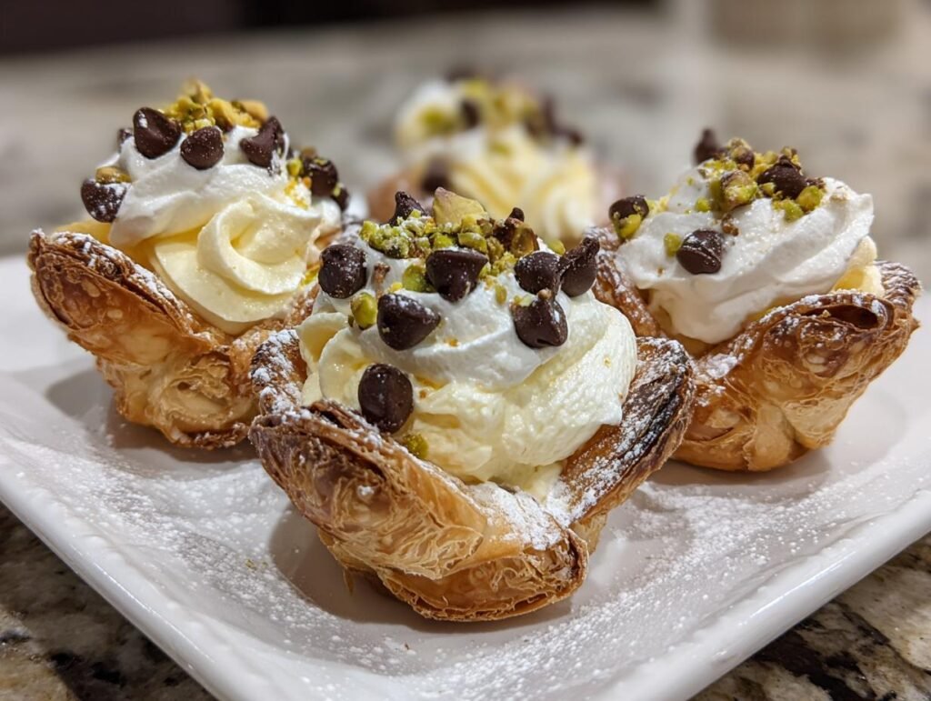 Gros plan sur des mini verrines cannoli garnies de crème, pépites de chocolat et pistaches concassées.