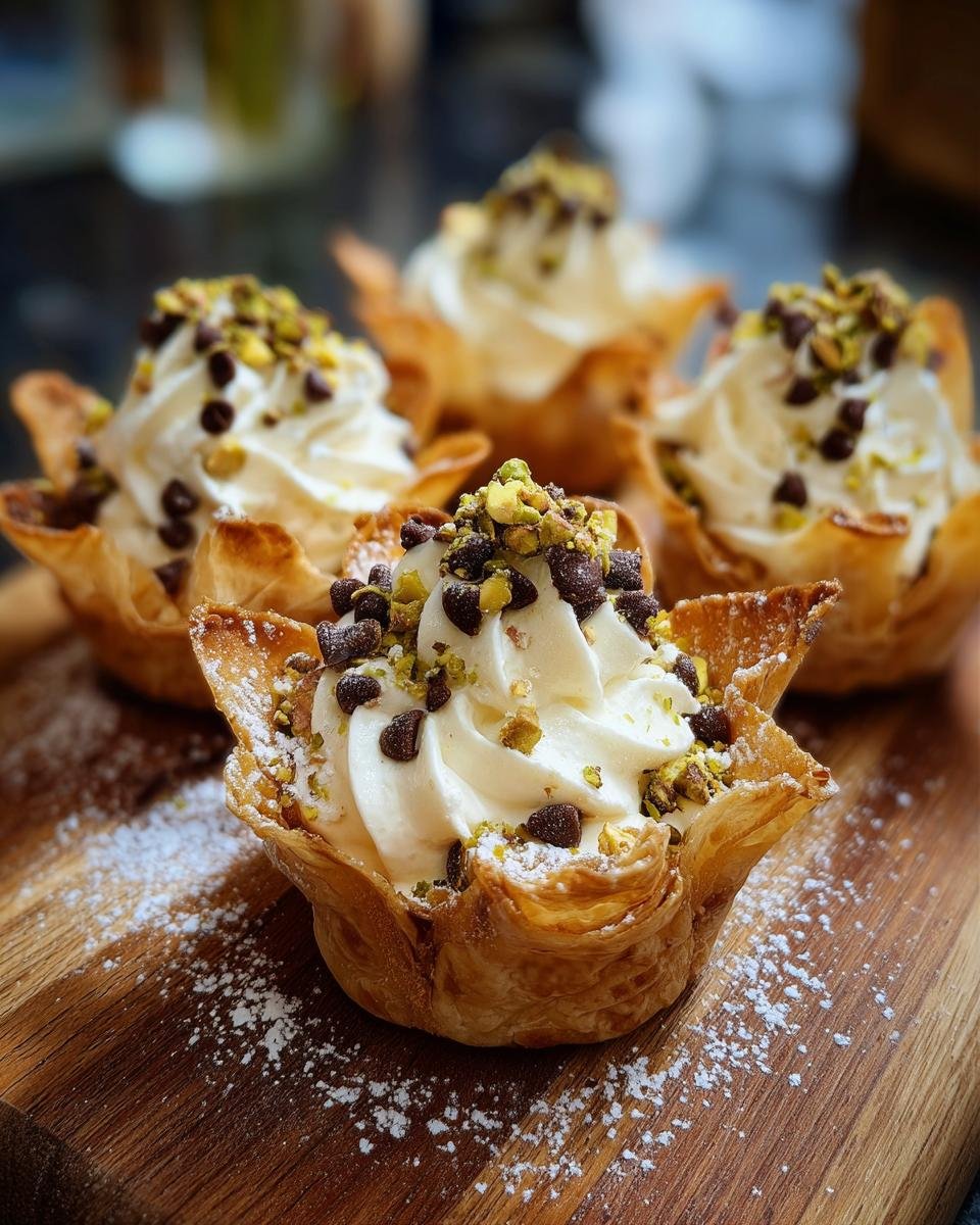 Gros plan de Mini Verrines Cannoli crémeuses, garnies de pistaches et pépites de chocolat.