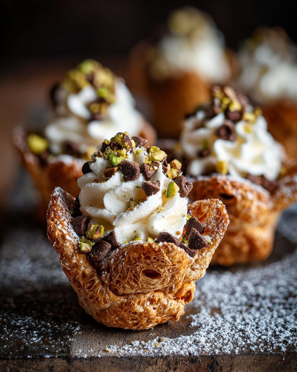 Gros plan sur une mini verrine cannoli garnie de crème fouettée, pépites de chocolat et pistaches concassées.
