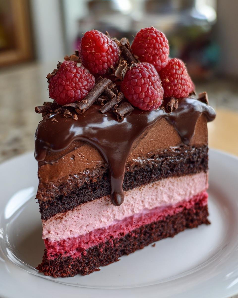 Gros plan d'une part de gâteau Mousse au Chocolat et Framboises, garnie de framboises fraîches et de copeaux de chocolat.