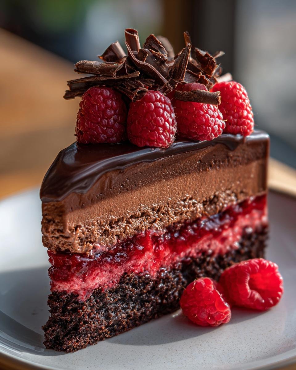 Gros plan d'une part de mousse au chocolat et framboises, garnie de framboises fraîches et copeaux de chocolat.