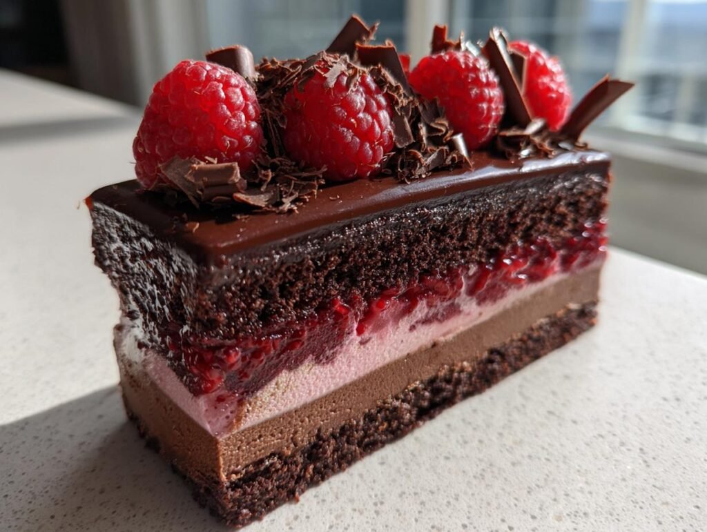 Gros plan d'une part de gâteau Mousse au Chocolat et Framboises, garnie de framboises fraîches et copeaux de chocolat.