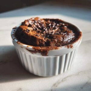 Gros plan d'une mousse chocolat cétogène crémeuse dans un ramequin blanc, garnie de copeaux de chocolat.