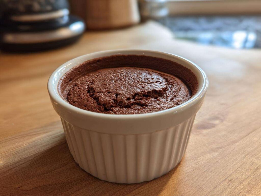 Gros plan d'une mousse chocolat cétogène crémeuse dans un ramequin blanc sur une table en bois.